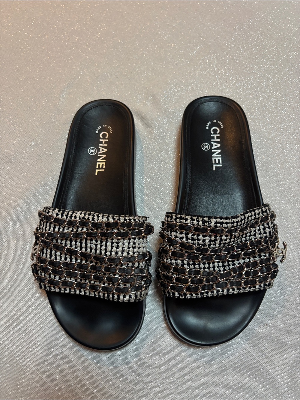 CHANEL Black Tweed Chain Slide Sandals with Silver-Tone Chain